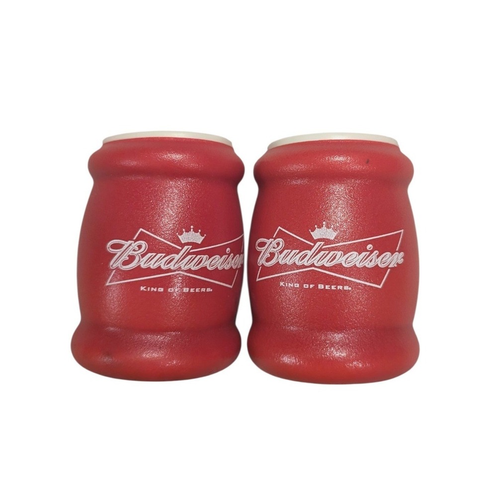 Vintage Budweiser King of Beers Red Foam Can Cooler Insulators Set of 2 Barrel